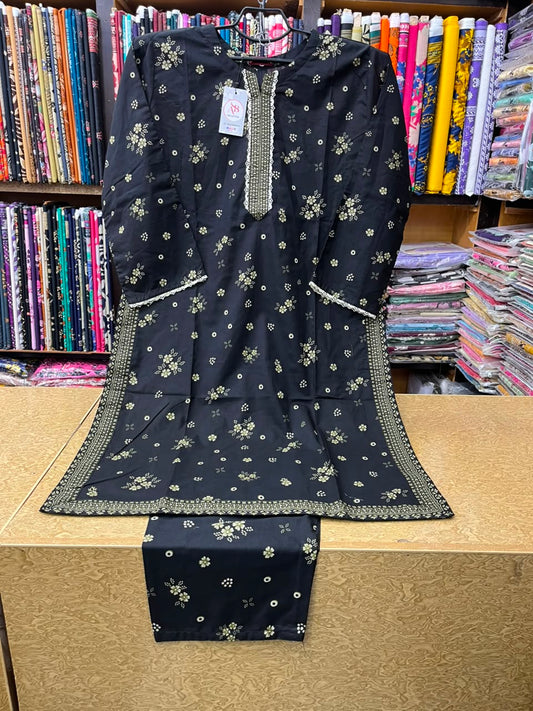 Women's Jet Black Printed Lawn 2 Piece Suit  Gold Floral Motif Kurti & Matching Trouser Set