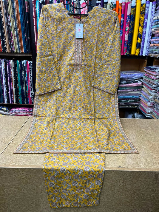 Women's Mustard Yellow Printed Lawn 2 Piece Suit