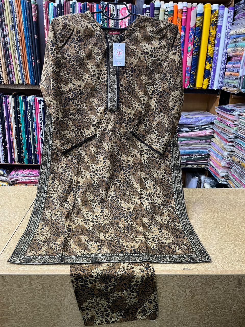 Women's Leopard Animal Print Lawn 2 Piece Suit Brown & Black Cheetah Motif Kurti & Trouser Set