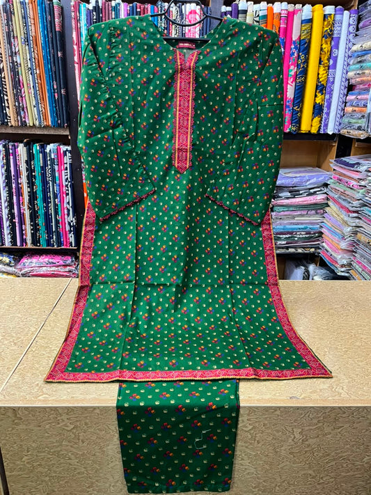 Women's Emerald Green Printed Lawn 2 Piece Suit Micro-Flower Motif Kurti & Trouser Set