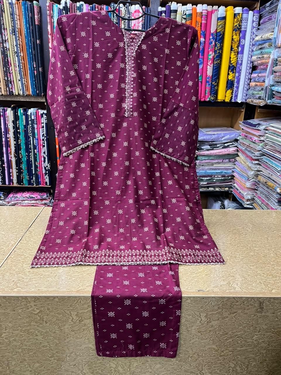 Women's Plum Purple Printed Lawn 2 Piece Suit Geometric Ethnic Motif Kurti & Trouser Set
