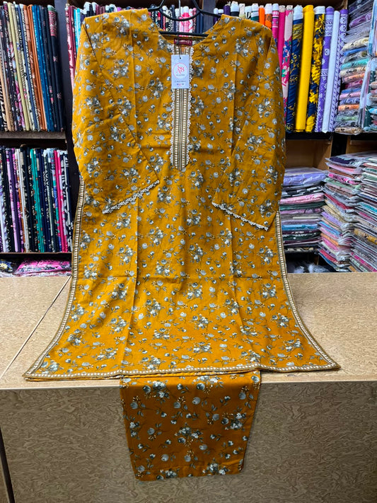 Warm Ochre Mustard 2-Piece Printed Lawn Suit  Lace Trimmed Neckline & Border Detail