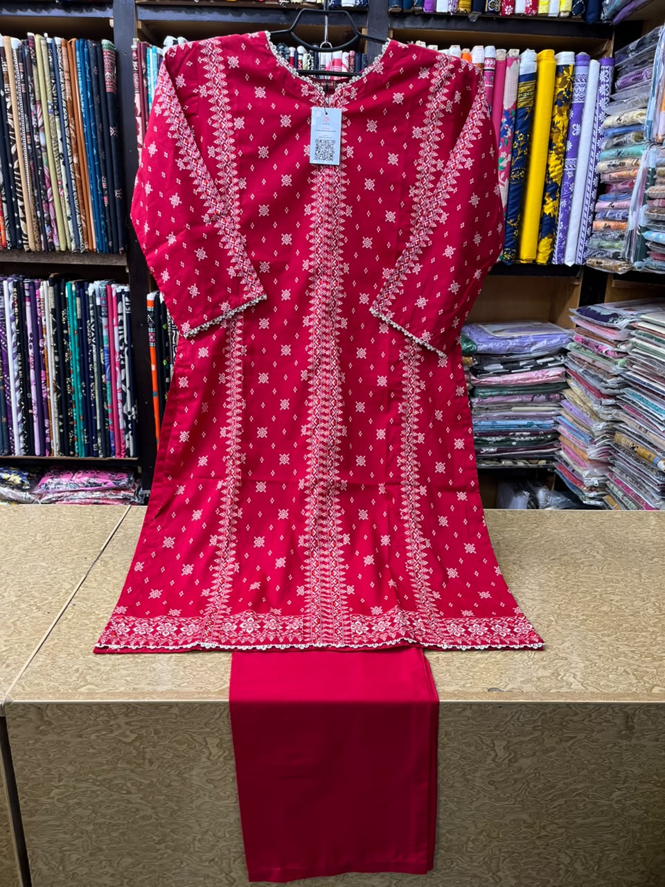 Vibrant Red Embroidered 2-Piece Lawn Suit  Stitched Kurti with Matching Trousers