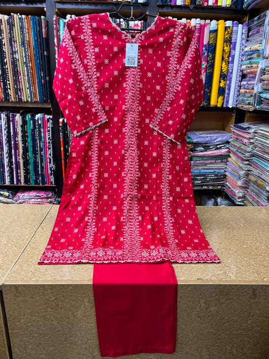 Vibrant Red Embroidered 2-Piece Lawn Suit  Stitched Kurti with Matching Trousers