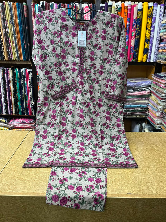 Elegant Grey & Magenta Floral 2-Piece Lawn Suit