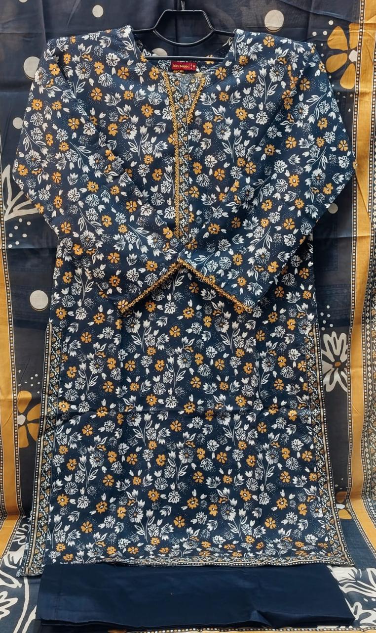 Navy & Mustard 3-Piece Floral Lawn Suit with Dupatta