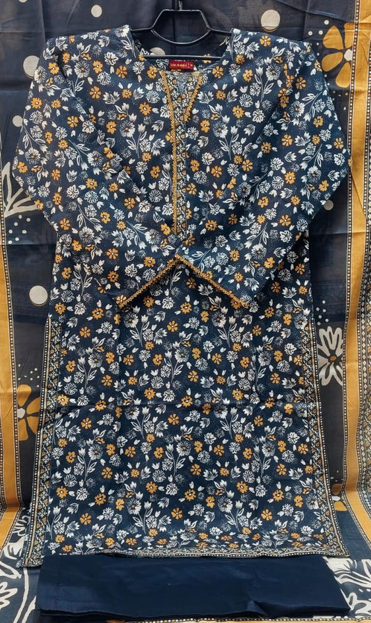 Navy & Mustard 3-Piece Floral Lawn Suit with Dupatta