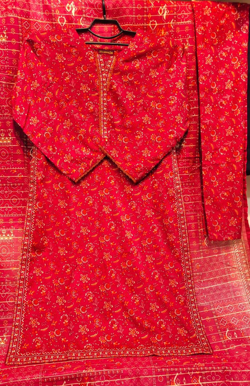Bright Pink & Orange 3-Piece Printed Lawn Suit Set