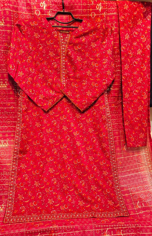 Bright Pink & Orange 3-Piece Printed Lawn Suit Set