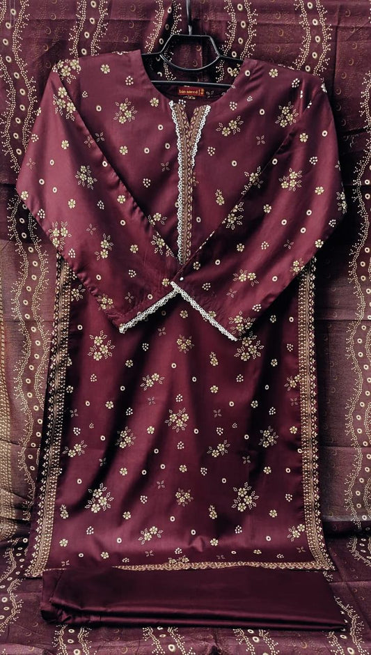 Deep Plum Maroon Printed 3-Piece Lawn Suit