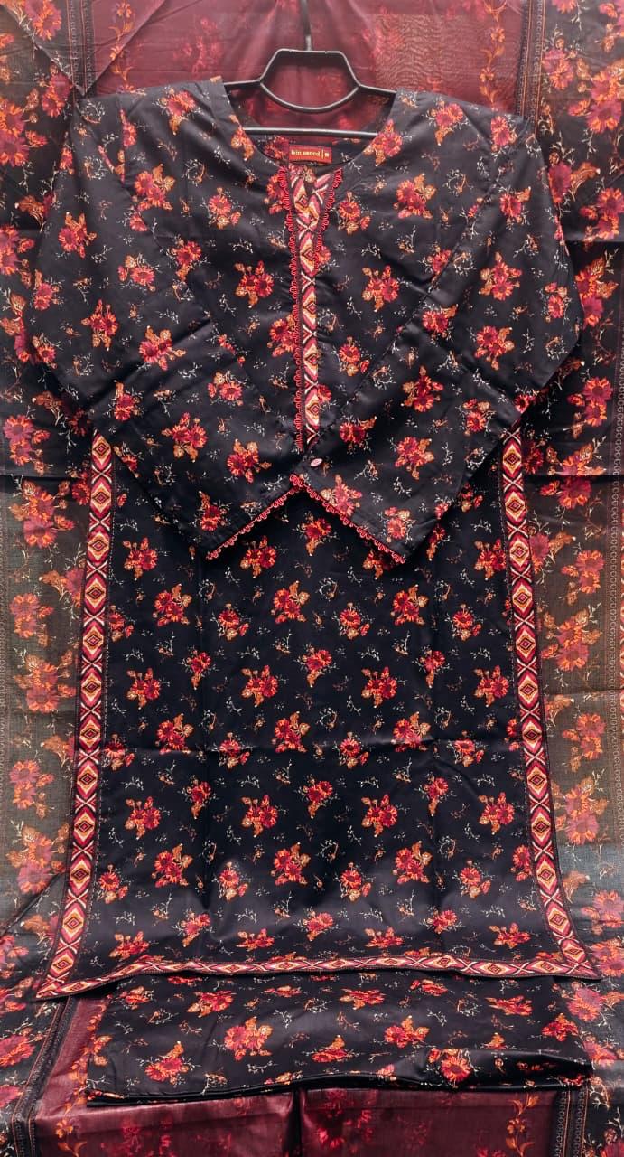 Elegant Charcoal Black Floral Printed 3-Piece Lawn Suit