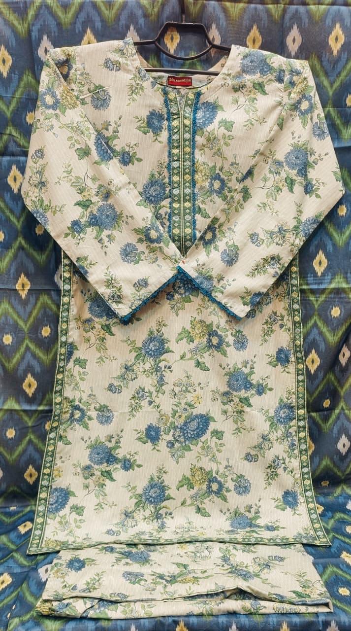 Off-White Floral 3-Piece Lawn Suit Set with Teal & Blue Accents