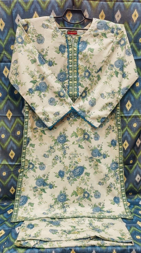Off-White Floral 3-Piece Lawn Suit Set with Teal & Blue Accents