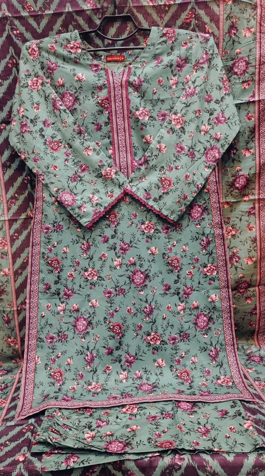 Dusty Green & Plum 3-Piece Floral Printed Lawn Suit Set
