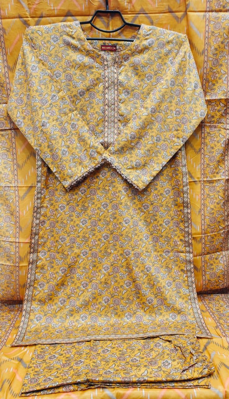 Mustard & Beige Floral 3-Piece Printed Lawn Suit Set