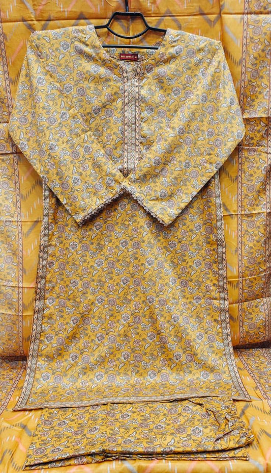 Mustard & Beige Floral 3-Piece Printed Lawn Suit Set