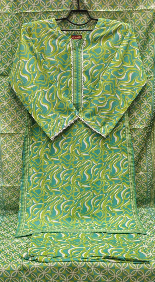 Lime Green Abstract Swirl 3-Piece Lawn Suit Set with Dupatta