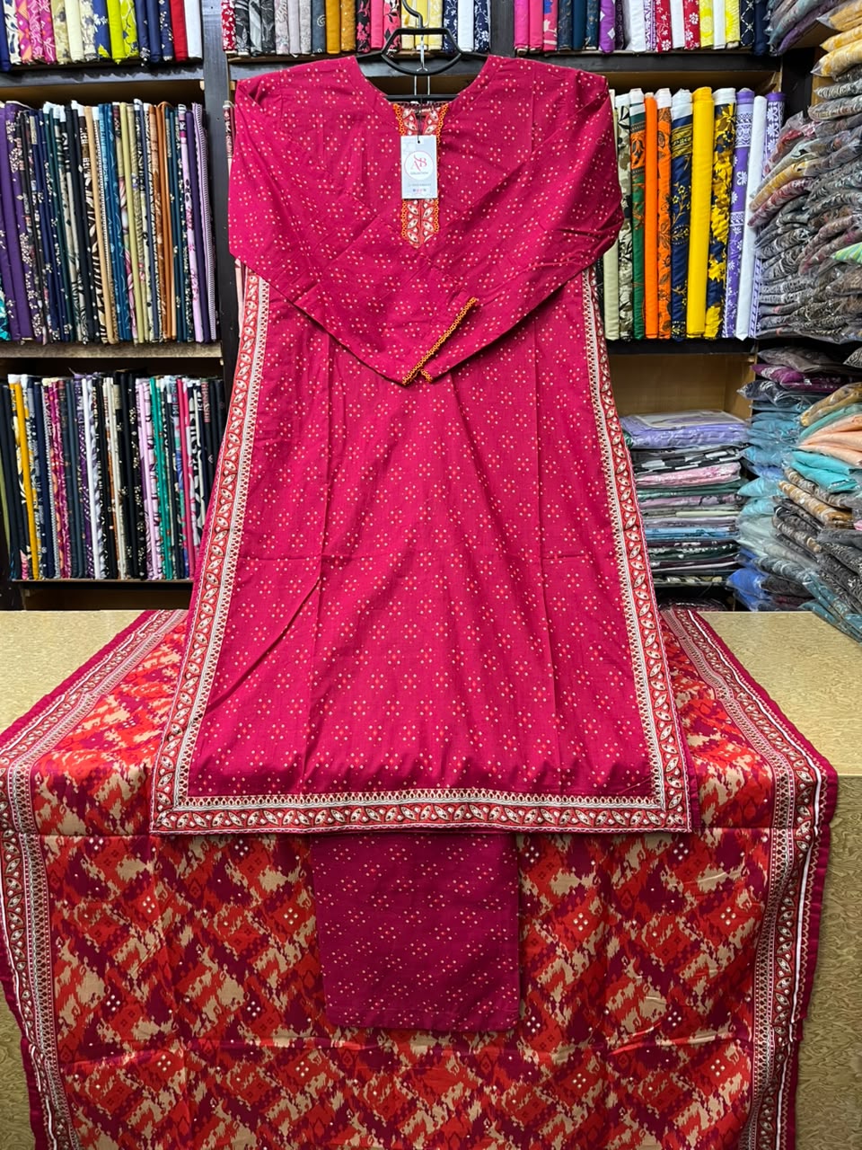 Hot Pink & Red Chunri 3-Piece Printed Lawn Suit Set