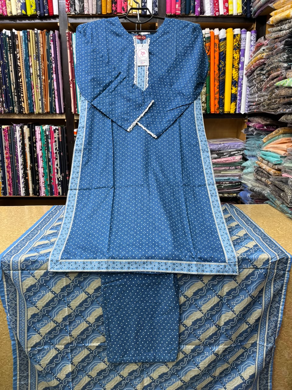Denim Blue & White Chunri 3-Piece Printed Lawn Suit Set