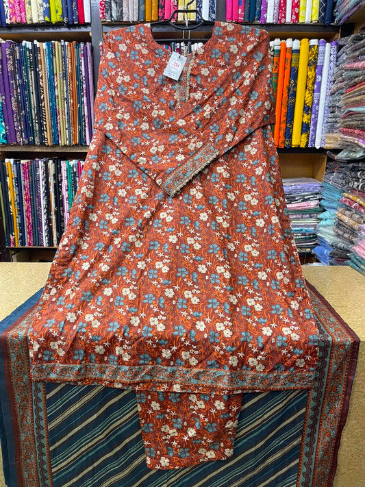 Rust Orange Floral 3-Piece Lawn Suit