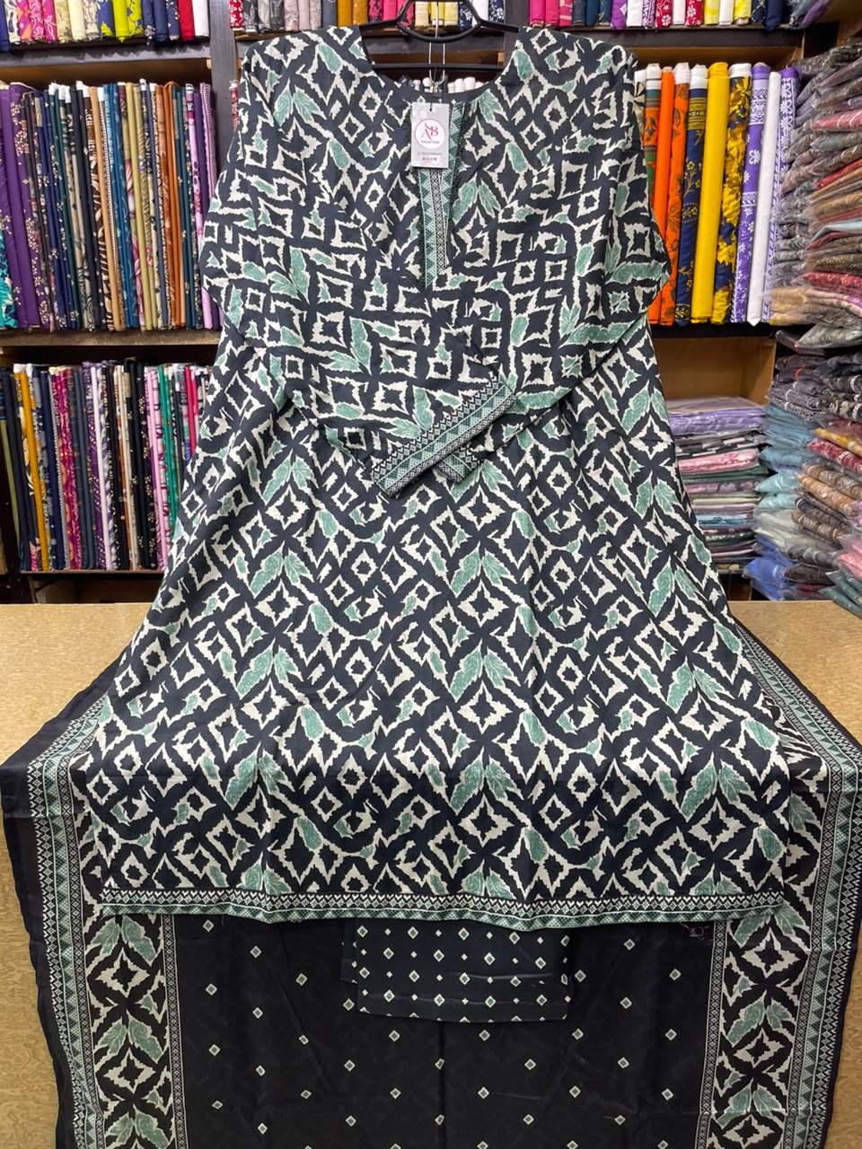 Black & Mint Geometric 3-Piece Lawn Suit