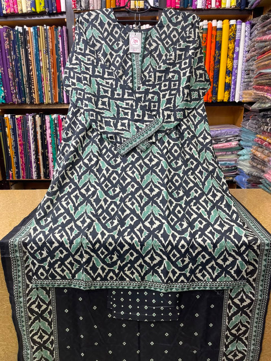 Black & Mint Geometric 3-Piece Lawn Suit
