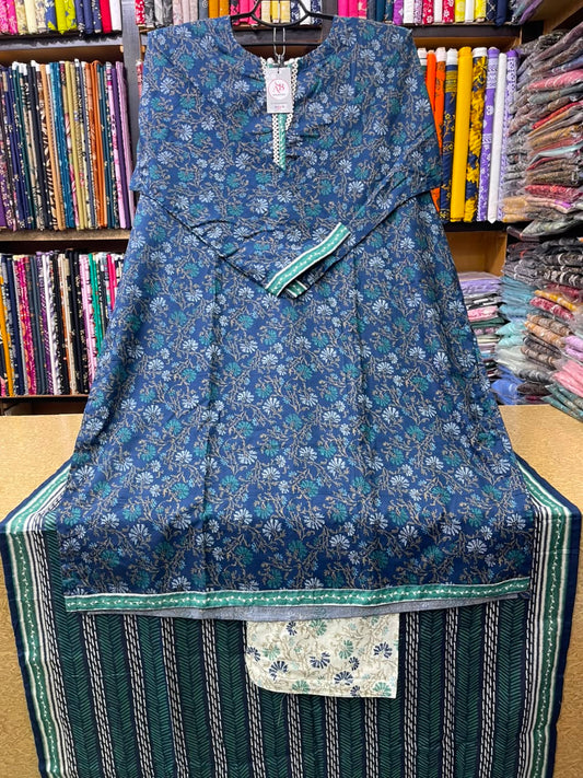 Teal Blue Floral 3-Piece Lawn Suit Long Shirt with Printed Loose Shalwar