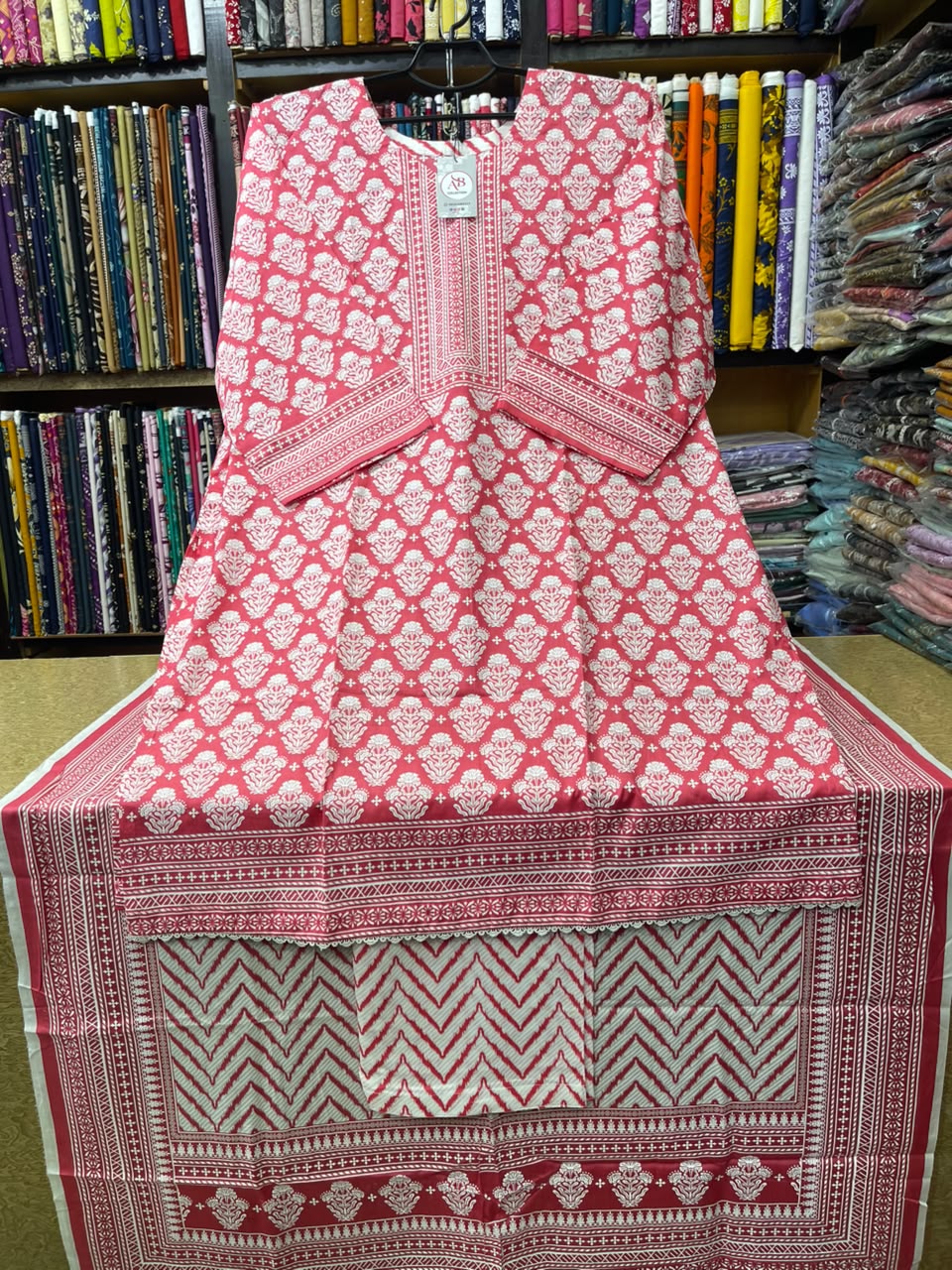 Coral Pink Floral 3-Piece Lawn Suit  Long Shirt with Zig-Zag Printed Loose Shalwar