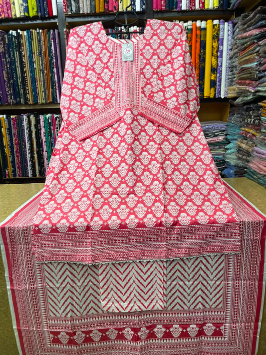 Coral Pink Floral 3-Piece Lawn Suit  Long Shirt with Zig-Zag Printed Loose Shalwar