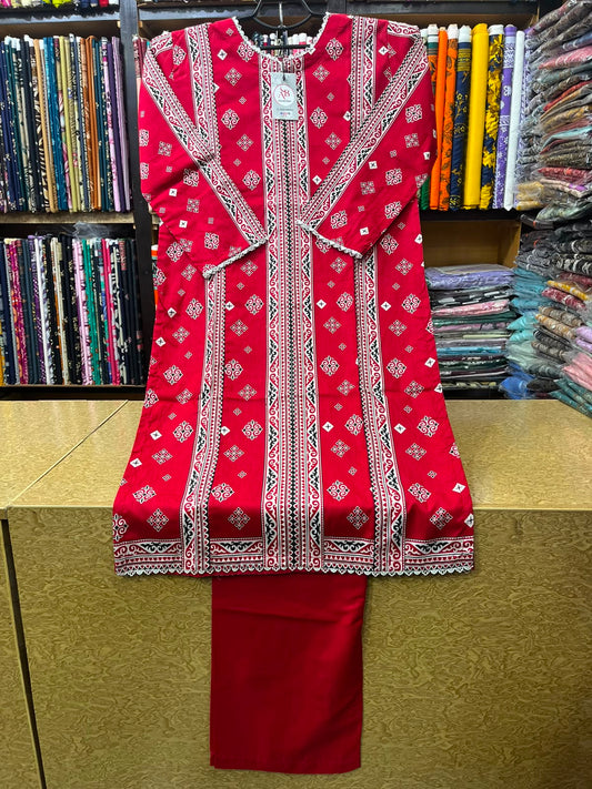 Vibrant Red Printed Lawn 2-Piece Suit
