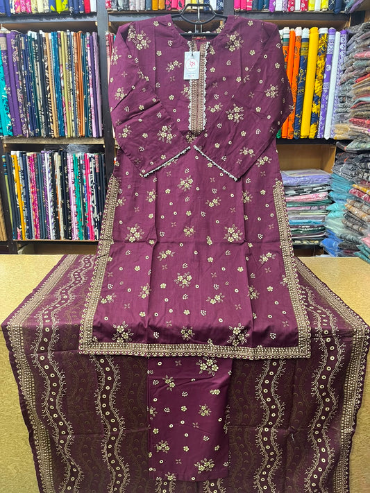 Exquisite Deep Purple Printed Lawn 3-Piece Suit