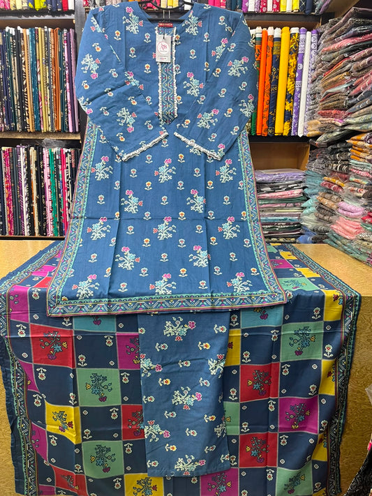 Stylish Slate Blue Printed Lawn 3-Piece Suit