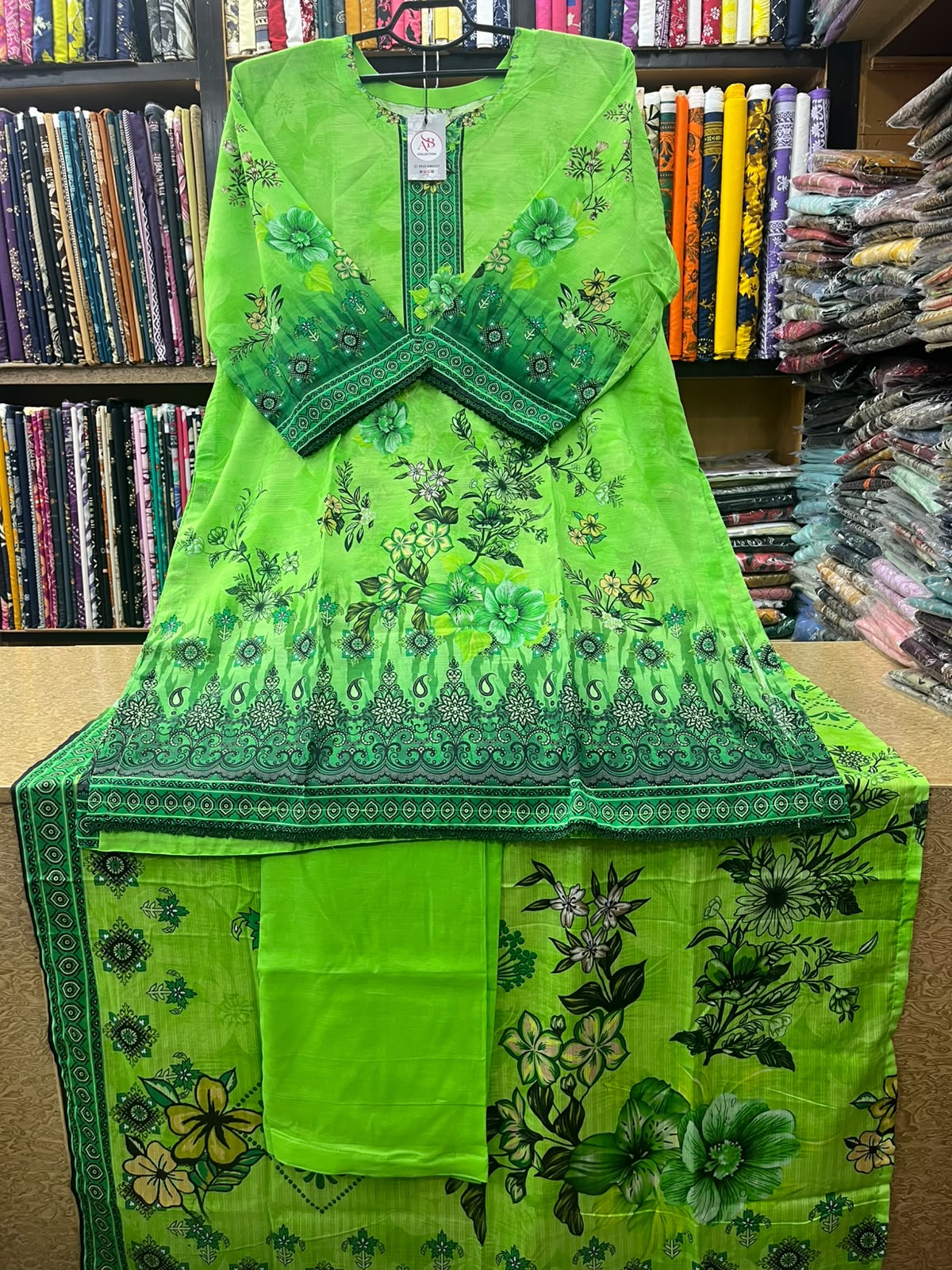 Vibrant Lime Green Floral Printed 3-Piece Lawn Suit with Printed Dupatta & Matching Trous
