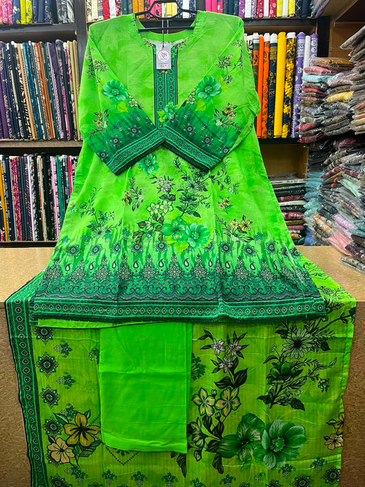 Vibrant Lime Green Floral Printed 3-Piece Lawn Suit with Printed Dupatta & Matching Trous