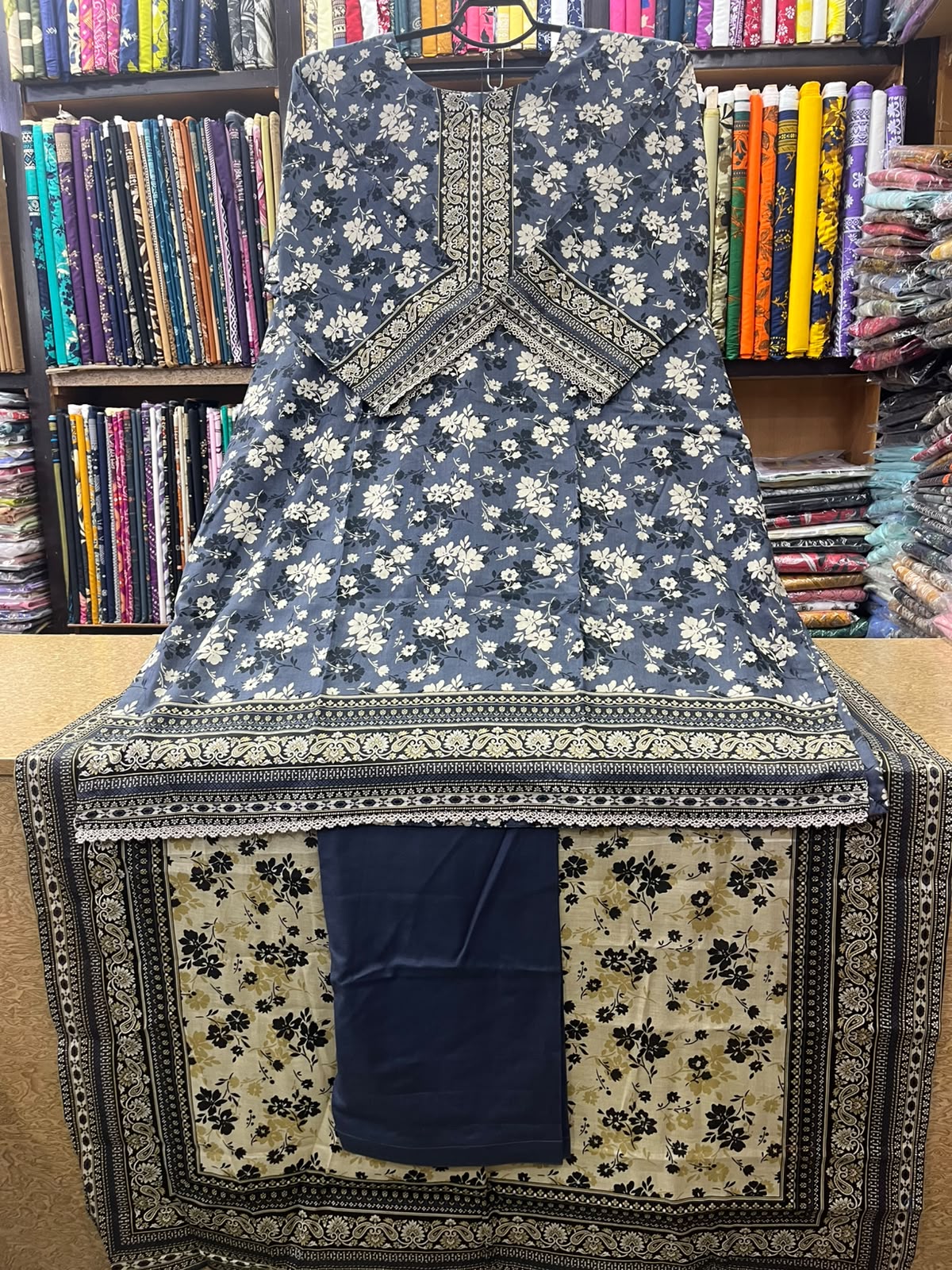 Elegant Slate Blue & Cream Floral Printed 3-Piece Lawn