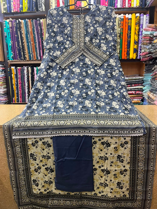 Elegant Slate Blue & Cream Floral Printed 3-Piece Lawn