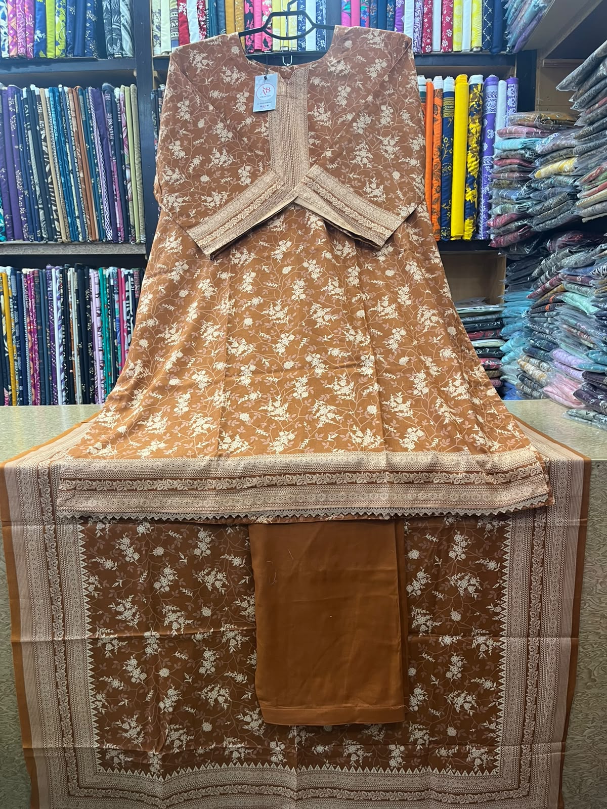 Classic Rust Brown & Cream Floral All-Over Printed 3-Piece Lawn Suit with Matching Printed Dupatta