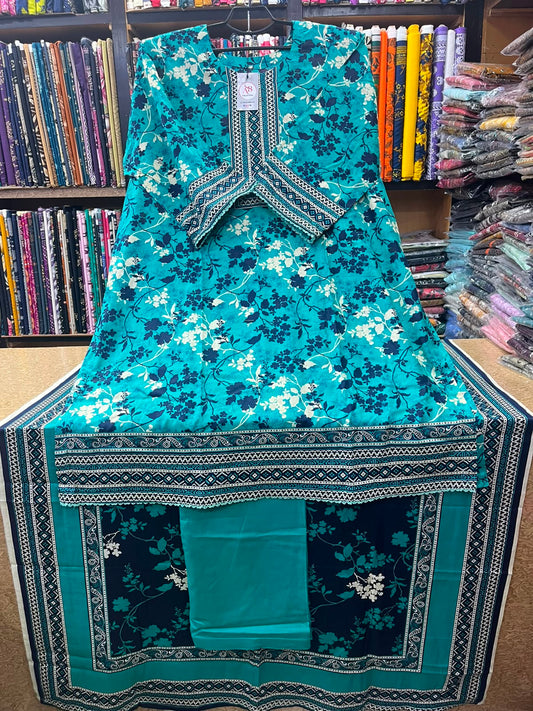 Vibrant Teal Blue & Navy Floral Printed 3-Piece Lawn Suit with Printed Dupatta & Matching Trouser