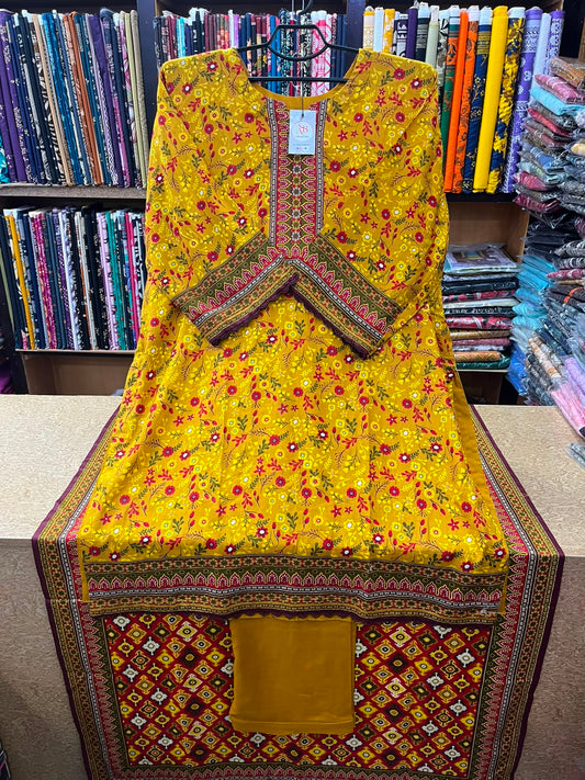 Mustard Yellow & Red Floral Printed 3-Piece Lawn Suit with Geometric Dupatta & Matching Trouser