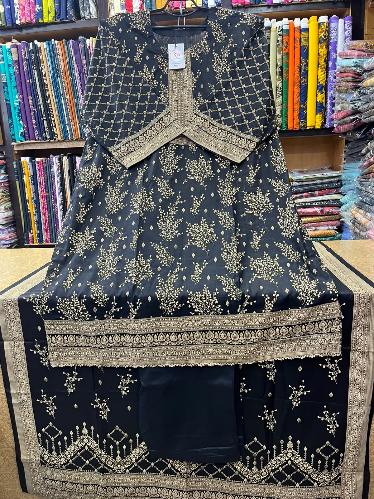 Elegant Black & Beige Gold Floral Printed 3-Piece Lawn Suit with Printed Dupatta & Matching Trouser