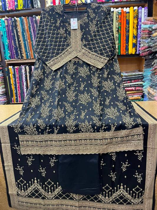 Elegant Black & Beige Gold Floral Printed 3-Piece Lawn Suit with Printed Dupatta & Matching Trouser