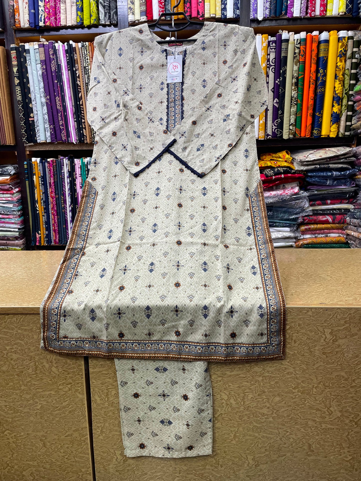 : Premium 2-Piece Printed Lawn Suit Off-White & Navy Blue Stitched Shirt with Matching Trouser