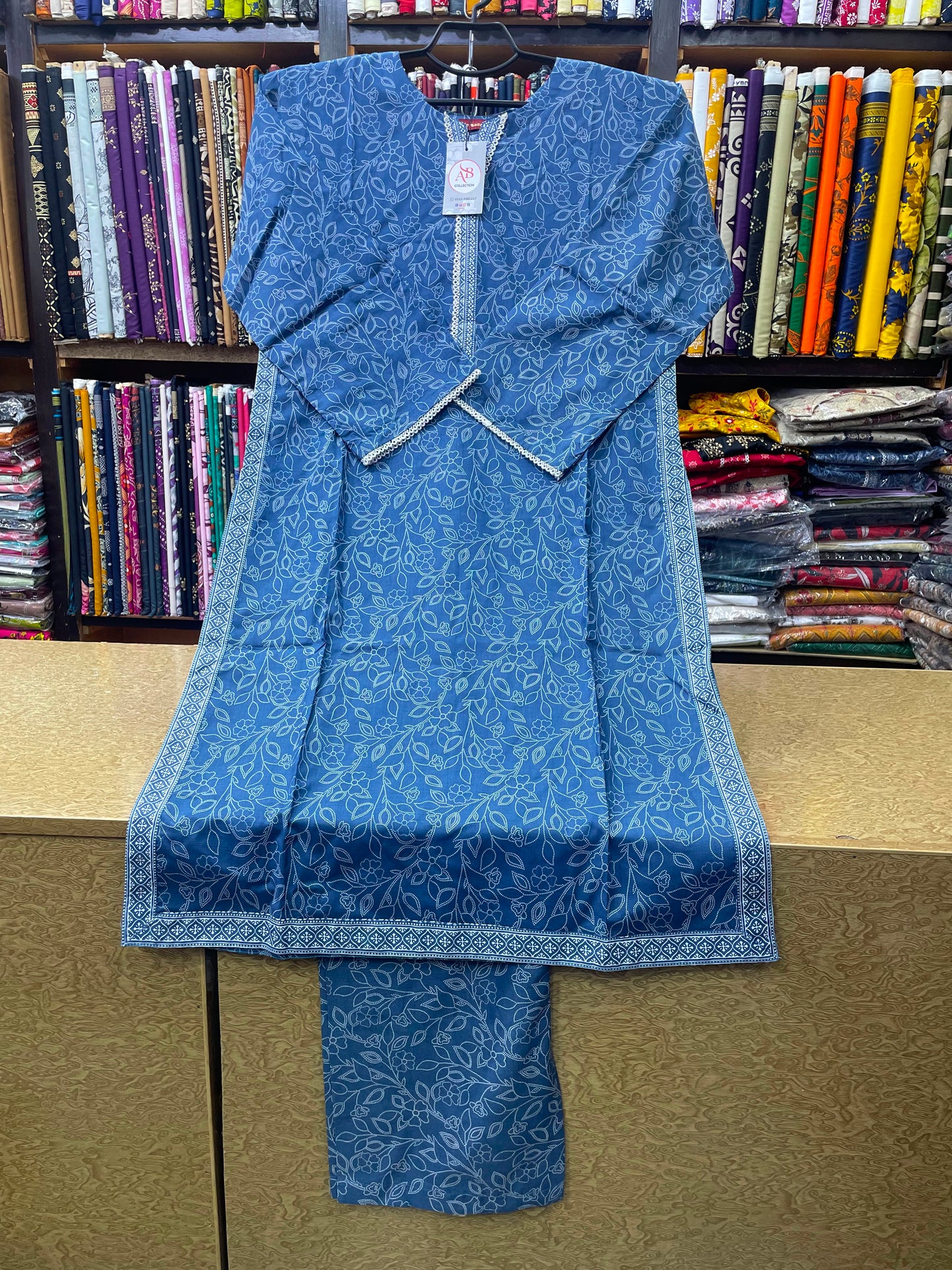 Premium 2-Piece Printed Lawn Suit Medium Blue & White Floral Vine Shirt with Matching Trouser