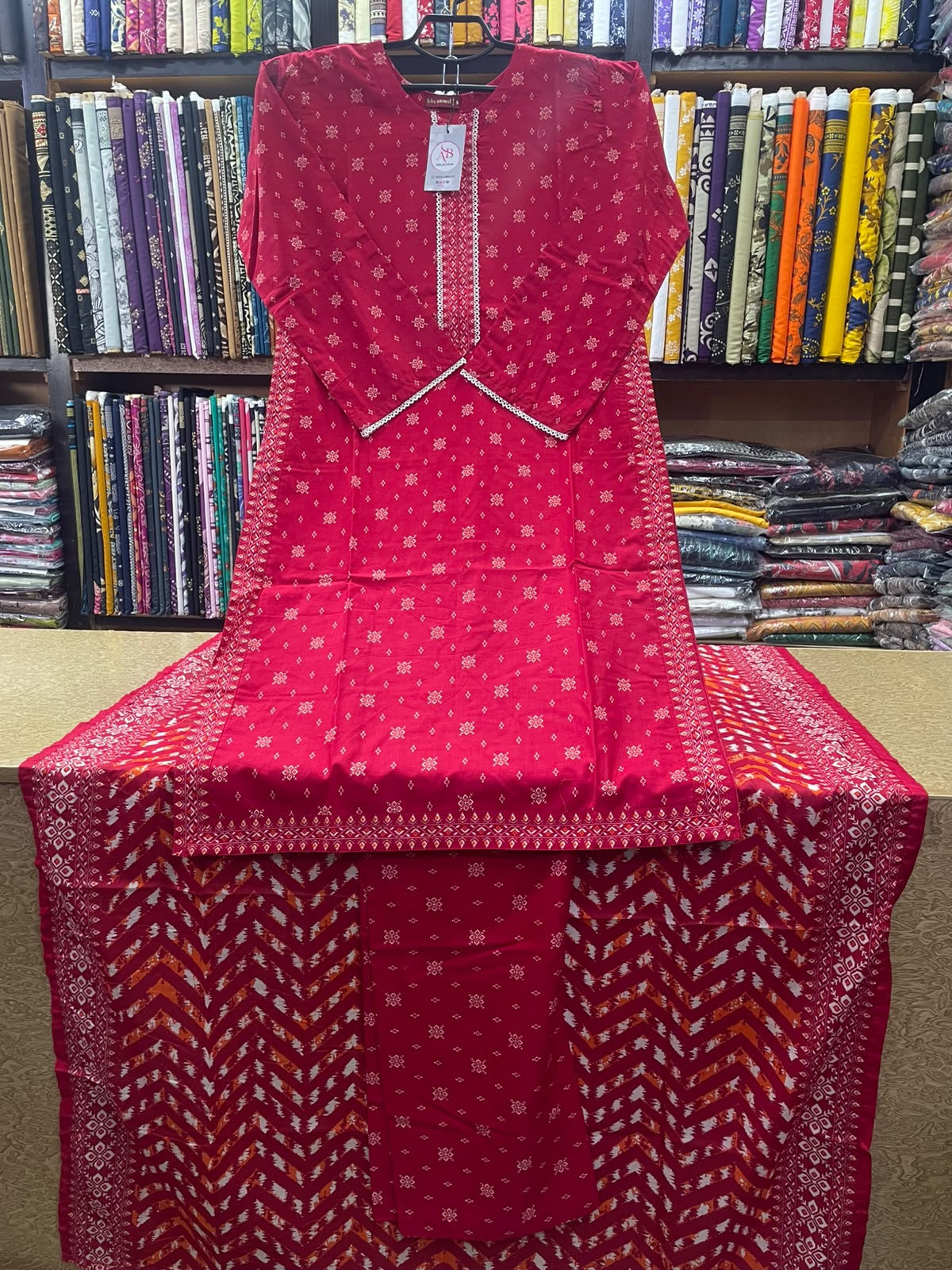 Elegant Red Floral Micro-Printed Lawn Suit with Chevron Ikat Dupatta