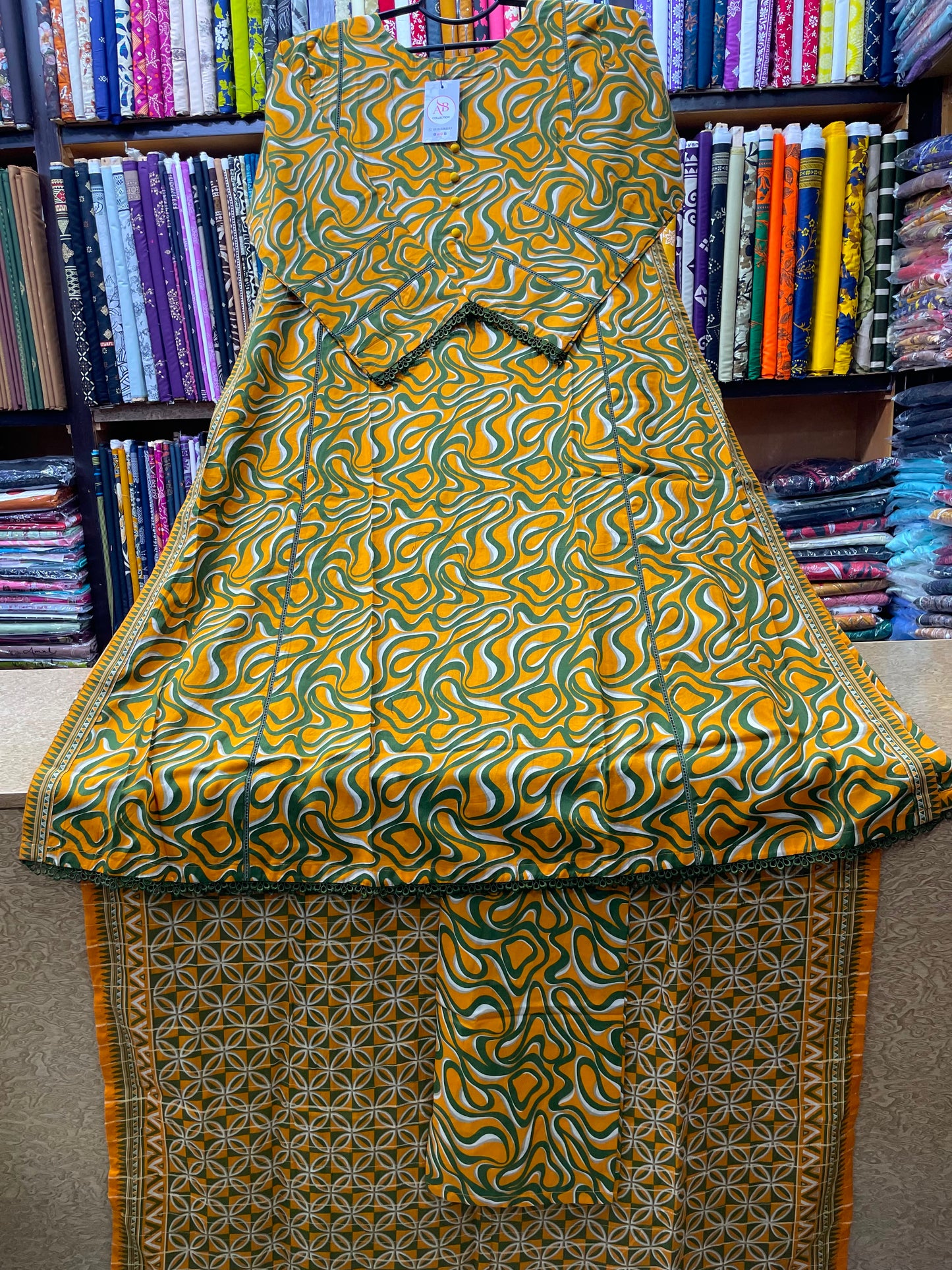 Mustard & Olive Abstract Swirl Printed 3-Piece Lawn A-Line Suit
