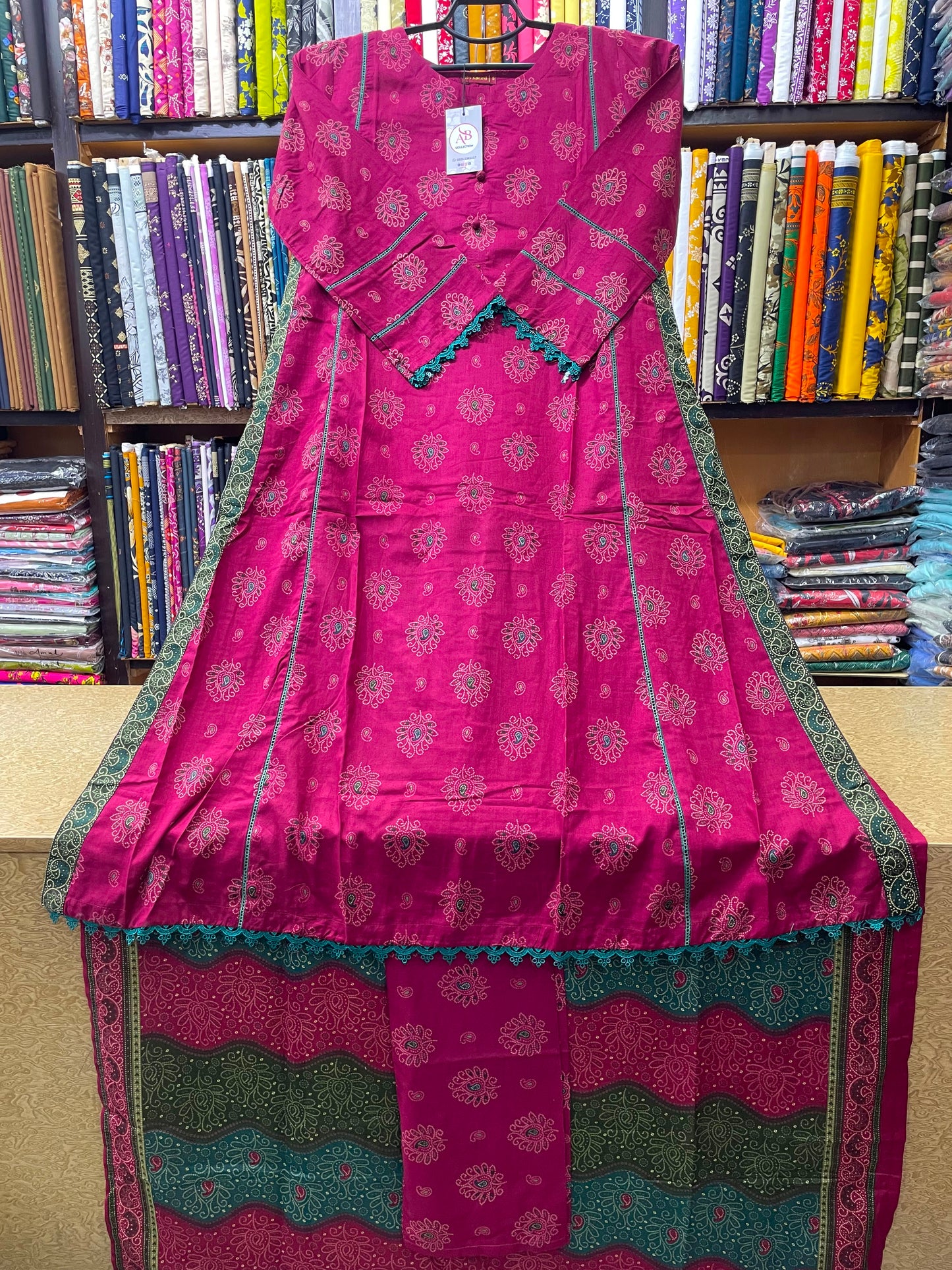 Deep Pink & Teal Chunri Printed 3-Piece Lawn A-Line Suit