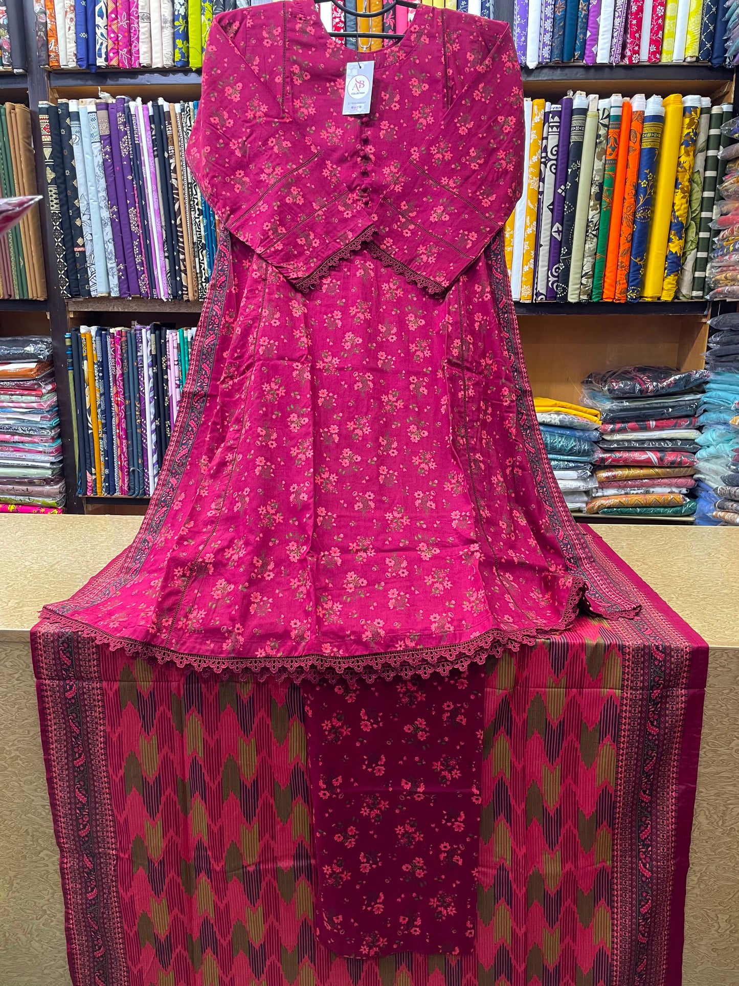 Deep Magenta Floral Printed 3-Piece Lawn A-Line Suit