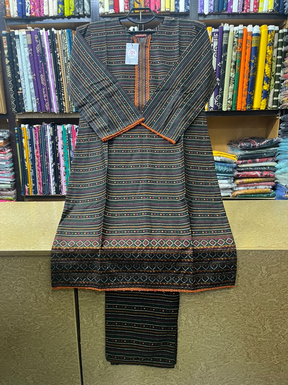 Ethnic Motif Printed Kurti & Trouser Set  Charcoal & Orange Accent