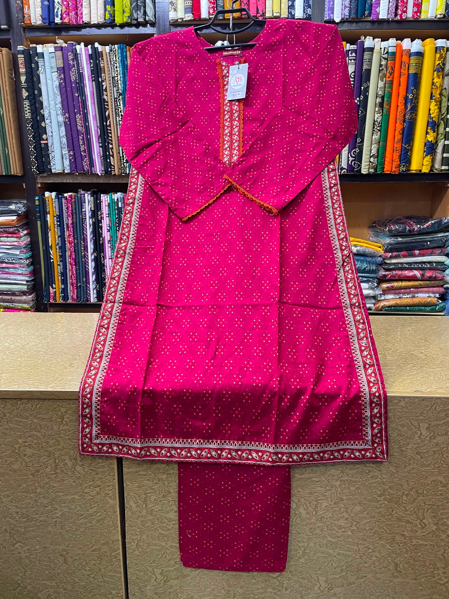 Deep Pink Ethnic Printed Kurti & Trouser Set with Embroidered Placket