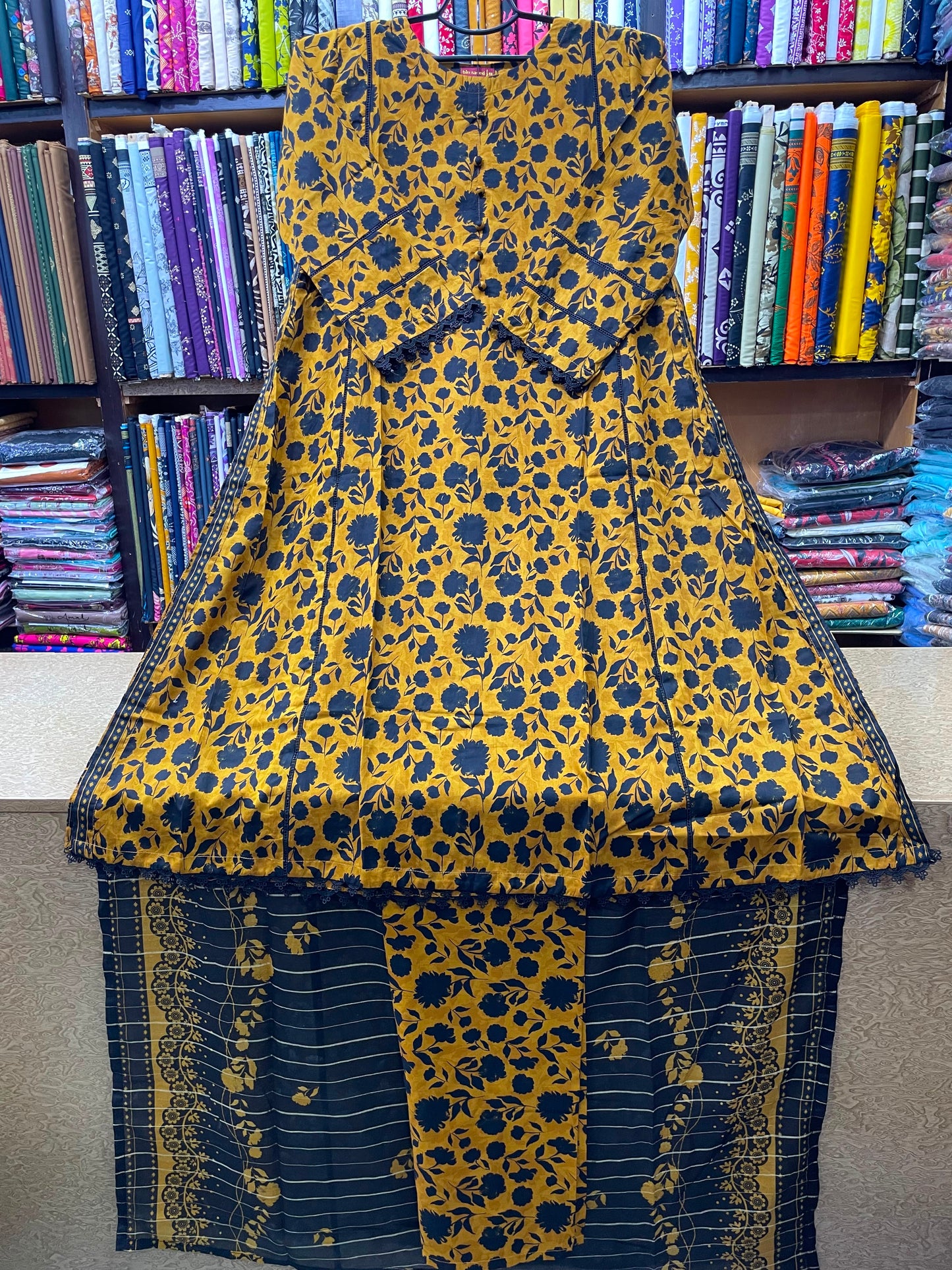Long-Length Floral Lawn A-Line Frock with Matching Dupatta & Trousers
